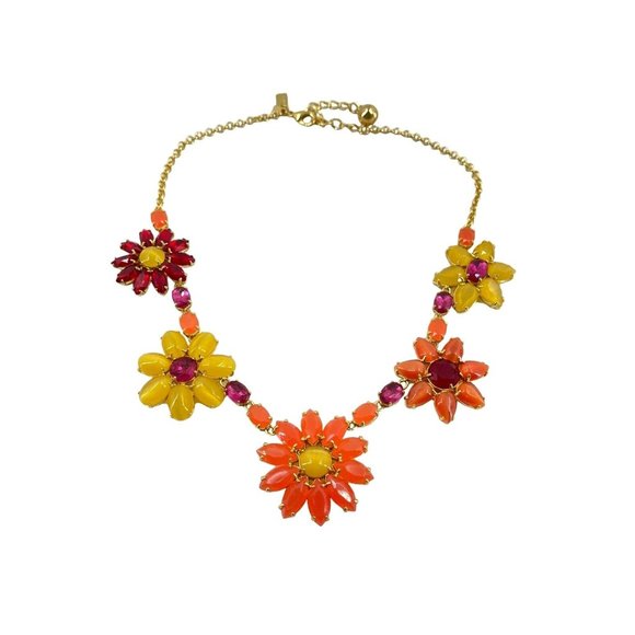 kate spade new york Jewelry - Kate Spade Signed Multi Color Floral Flower Gold Tone Statement Necklace 18"